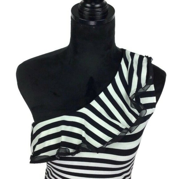 White House Black Market Striped One Shoulder Ruffle Black & White Top - Picture 2 of 8